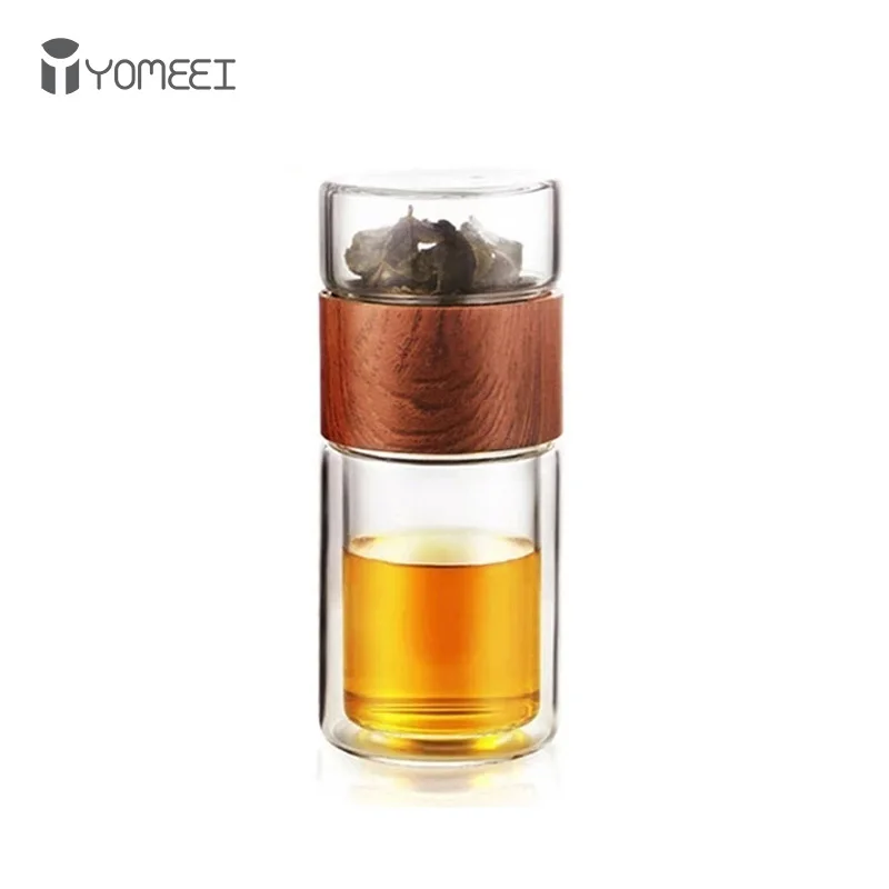 YOMEEI 240ML Tea Water Bottle Travel Drinkware Portable Double Wall Glass Tea Infuser Tumbler Stainless Steel Tea Filters