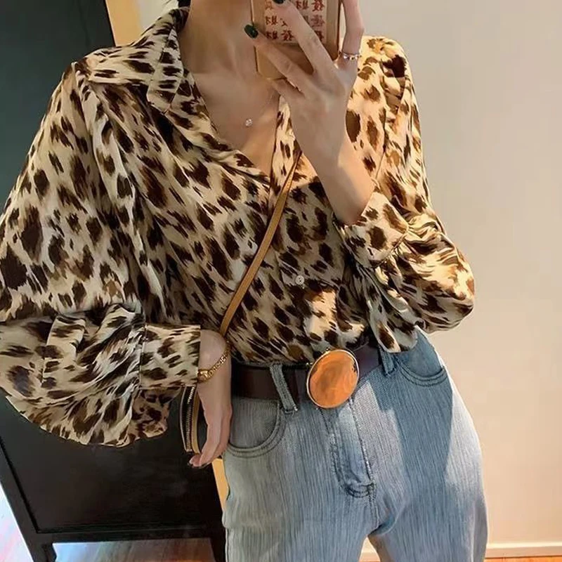 Women Trendy Vintage Leopard Print Streetwear Y2K Button Shirts Casual Chic Design Chiffon Blouses Female Long Sleeve Loose Tops