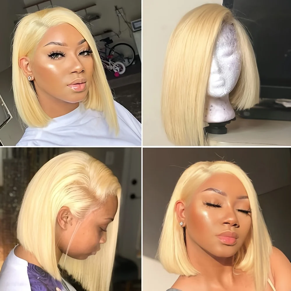 شعر مستعار أشقر مفرود بوب شعر بشري 13x4 HD دانتيل شفاف 613 شعر مستعار بوب شعر بشري تم قطعه مسبقًا مع شعر الطفل 250 كثافة 613