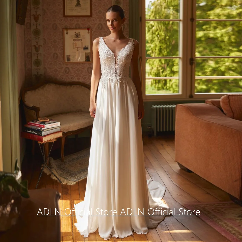 

Женское летнее свадебное платье Vestido De Noiva, индивидуальный пошив, без рукавов, с V-образным вырезом, прозрачное, с кружевными аппликациями, из шифона, свадебное платье