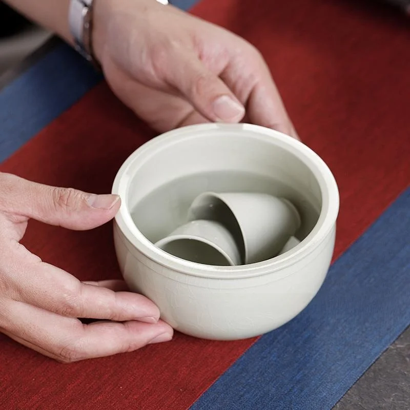 Japanese Style Ceramic Tea Washing Bowl with Lid Home Use Dry Tea Tray Small Water Basin Porcelain Tea Set Holder Grass Ash view 2