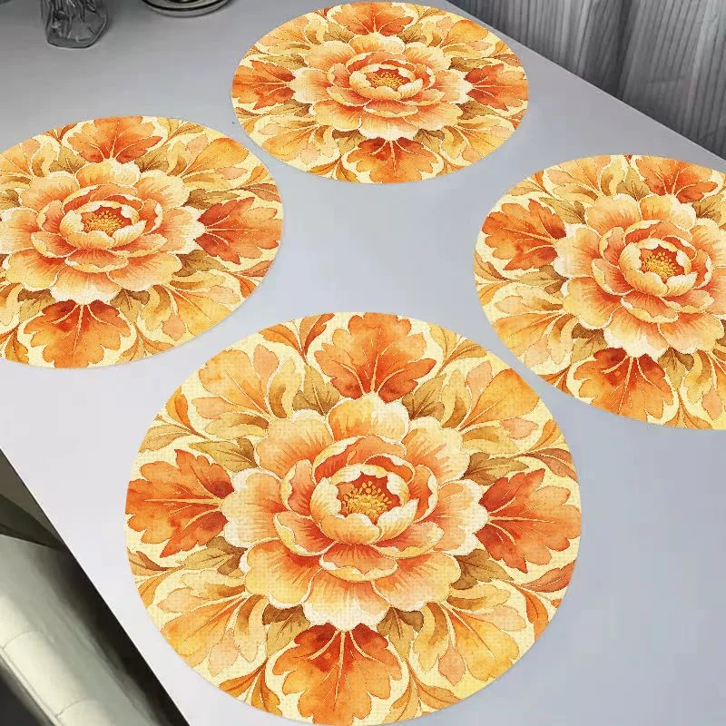 VIKAMA New Chinese Warm Orange Watercolor Peony Round Flax Meal Mat Thermal Insulation Wear resistant Table Mat Desktop Decor