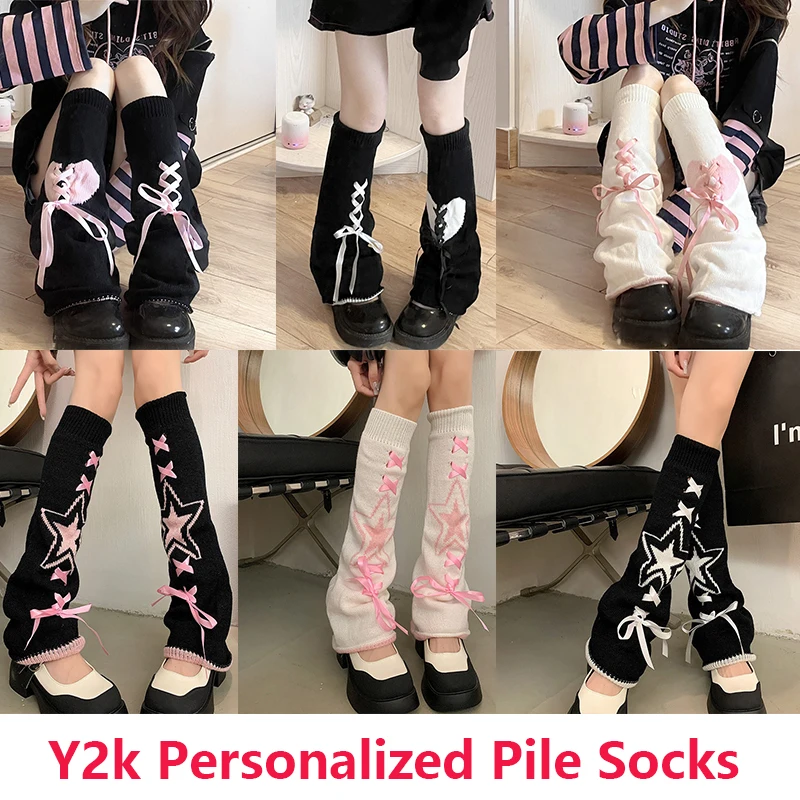 

Women Lolita Hot Girl Socks Y2K Strap Bow Knot Drawstring Lower Leg Socks Knit Wide Leg Pile Socks Winter Fashion Warm Feet Set
