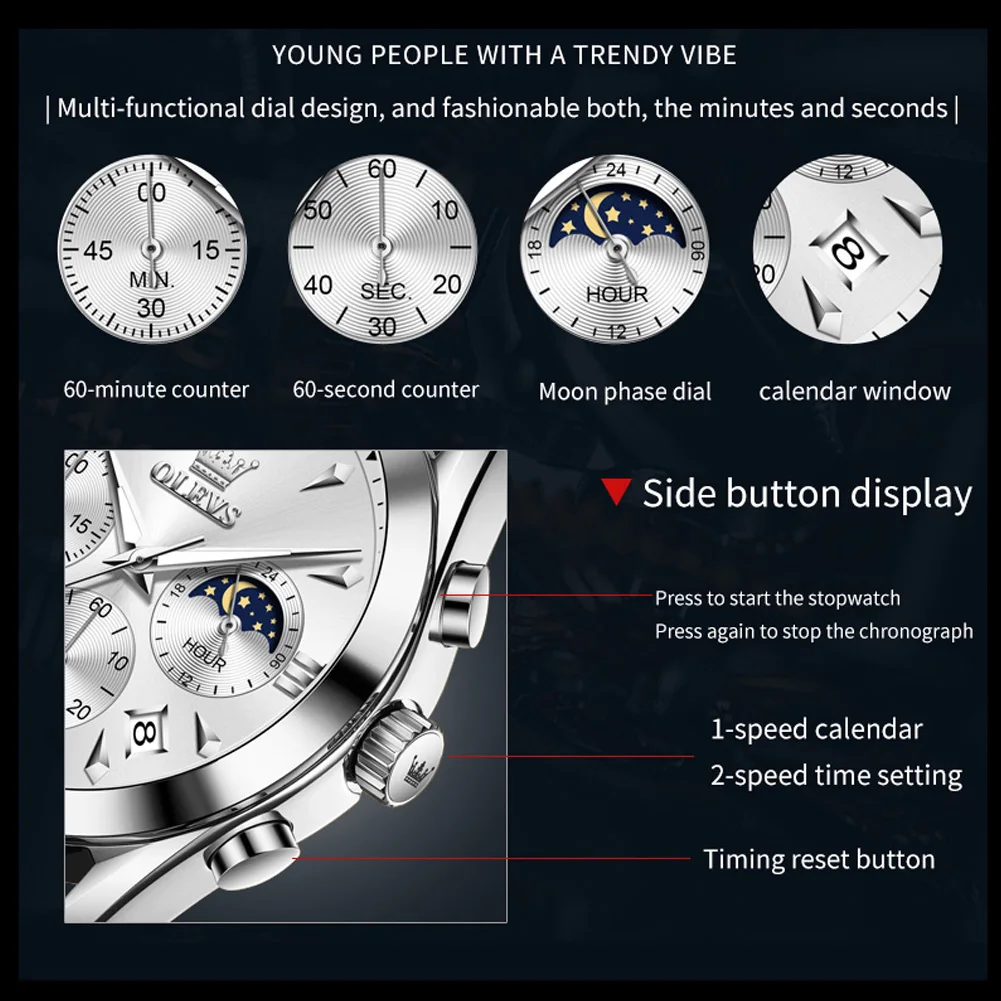 OLEVS 3609 Moon Phase Original Man Wristwatch Chronograph Quartz Watch For Men Waterproof Luminous Luxury Business Watches 2024