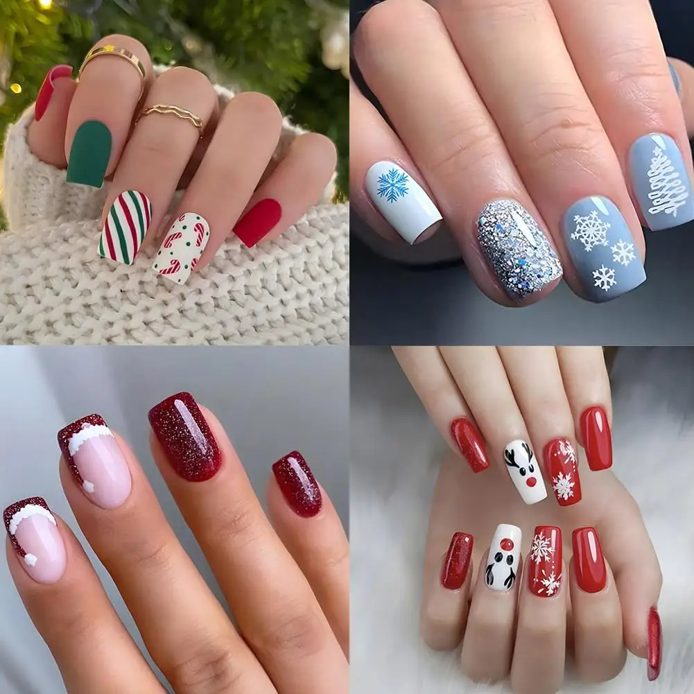 24pcs Christmas Cute Santa Hat Red French Glitter Press on Nails Girls Cheap Short Fake Nails Kawaii Simple False Nail with Glue