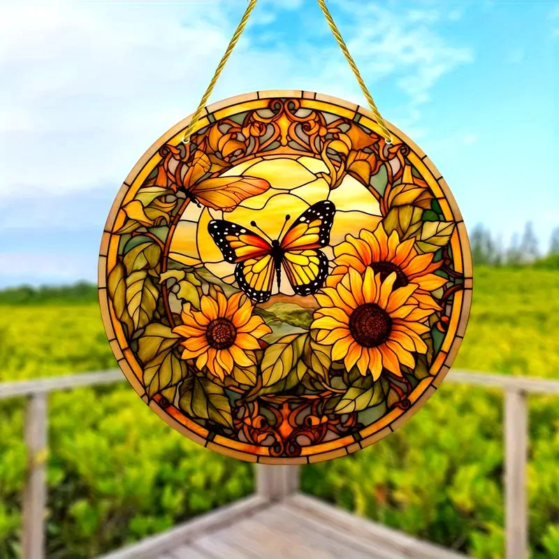 Butterfly&Flowers Suncatcher Acrylic Round Translucent Stained Glass Window Hanging-courtyard,Patio,Garden,Room Decor.Ideal Gift