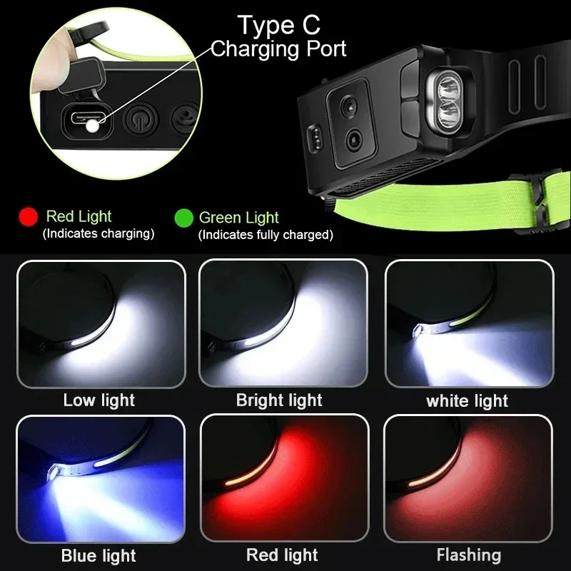 Rechargeable LED Induction Headlamp With Blue or Yellow Light Head Lamp Built-in Battery Outdoor Camping Fishing Head Flashlight