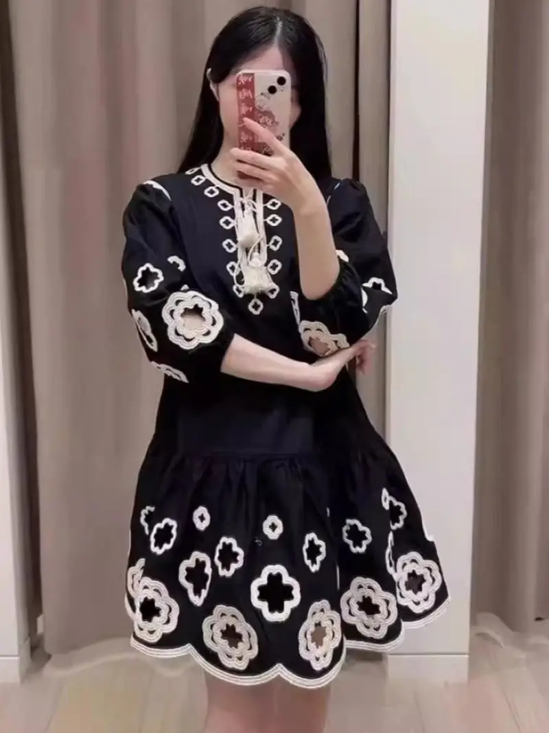 Women Floral Embroidery Hollow Out Dress Lace-up O-Neck Lantern Sleeve Vintage Summer 2024 Mini Robe