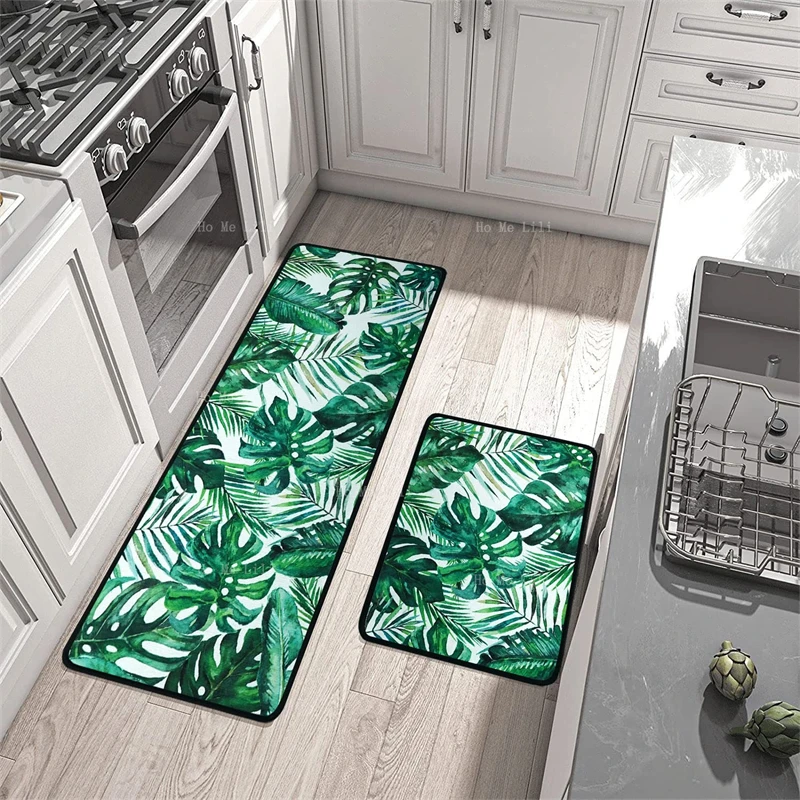 Palm Tree Leaves Kitchen Flannel Rugs Set Summer Tropical Jungle Sunday Pattern With Rubber Backing Throw Spring Green