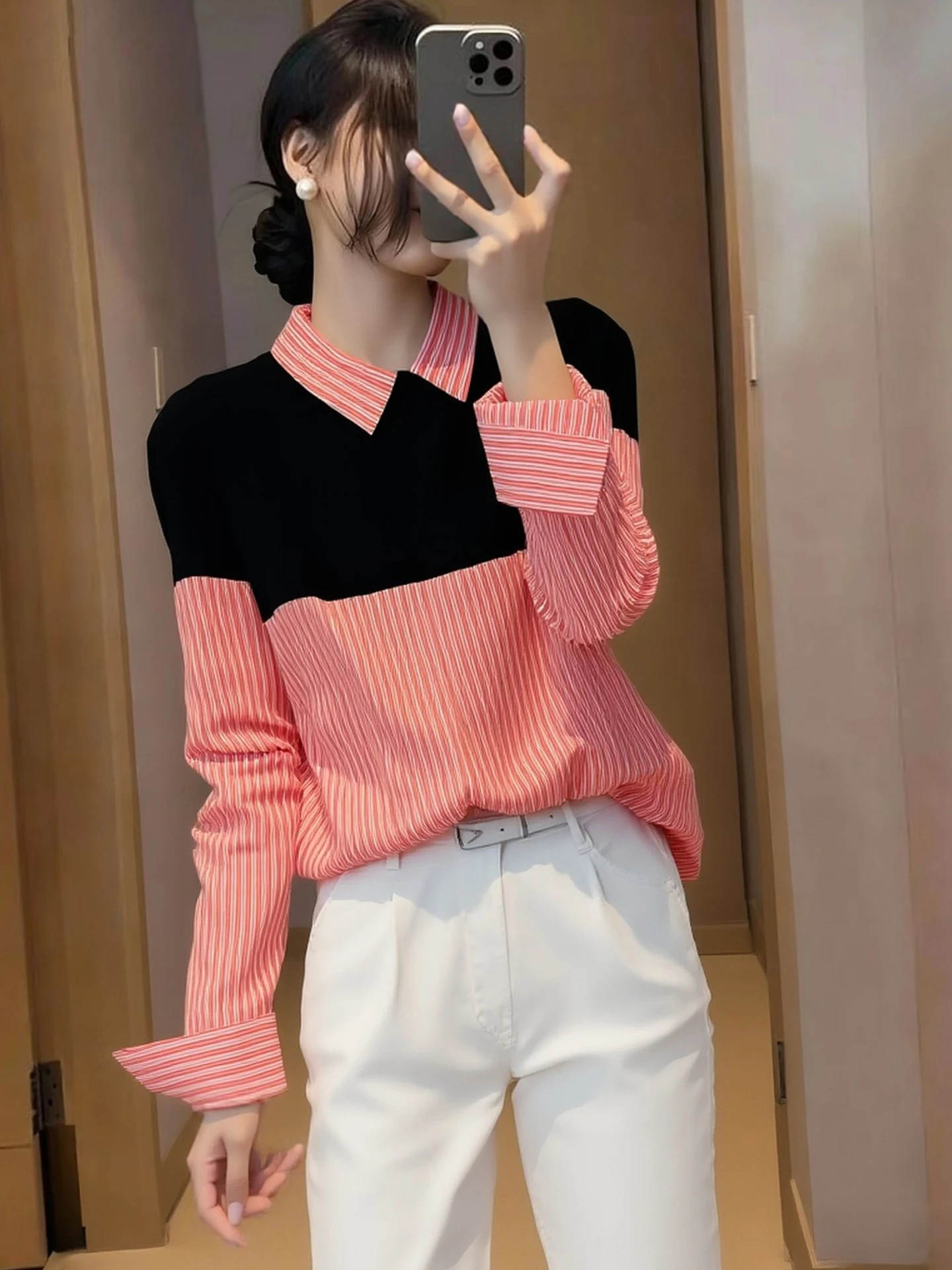 

Женская полосатая блузка с длинным рукавом в корейском стиле, прямого кроя, весна 2026, удобная для повседневной носки