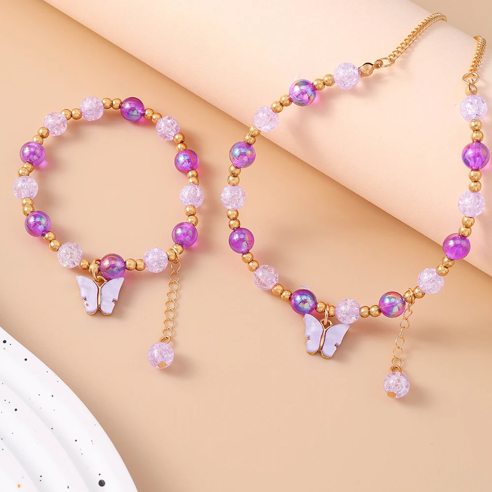 Aihua Romantische rosa Kristall Schmetterling Armband Halskette für Frauen Mädchen bunte Popcorn Perlen Halsband Halskette Schmuck Set – Detail 5