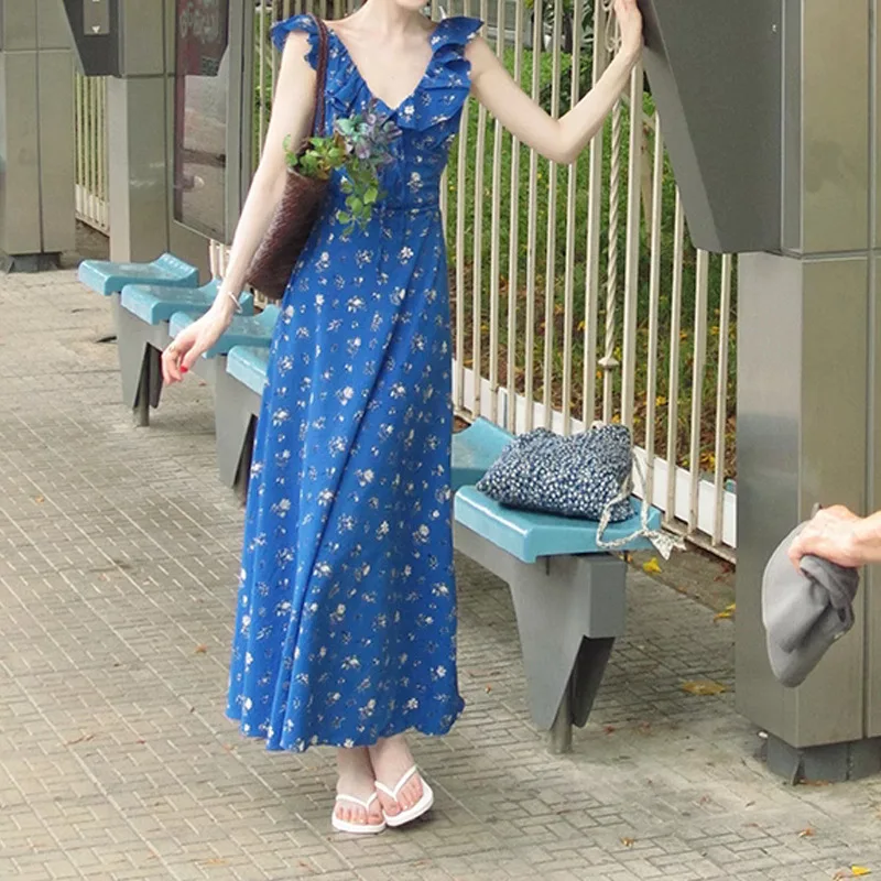 Royal Blue Printing Floral Camis Dress