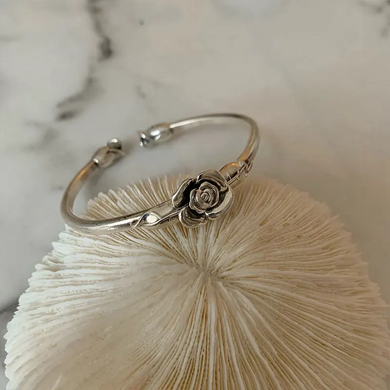 925 Sterling Silver Bracelet Bangle Vintage Rose Flower Geometric Punk For Woman Girl Fashion Jewelry Gift Dropship Wholesale