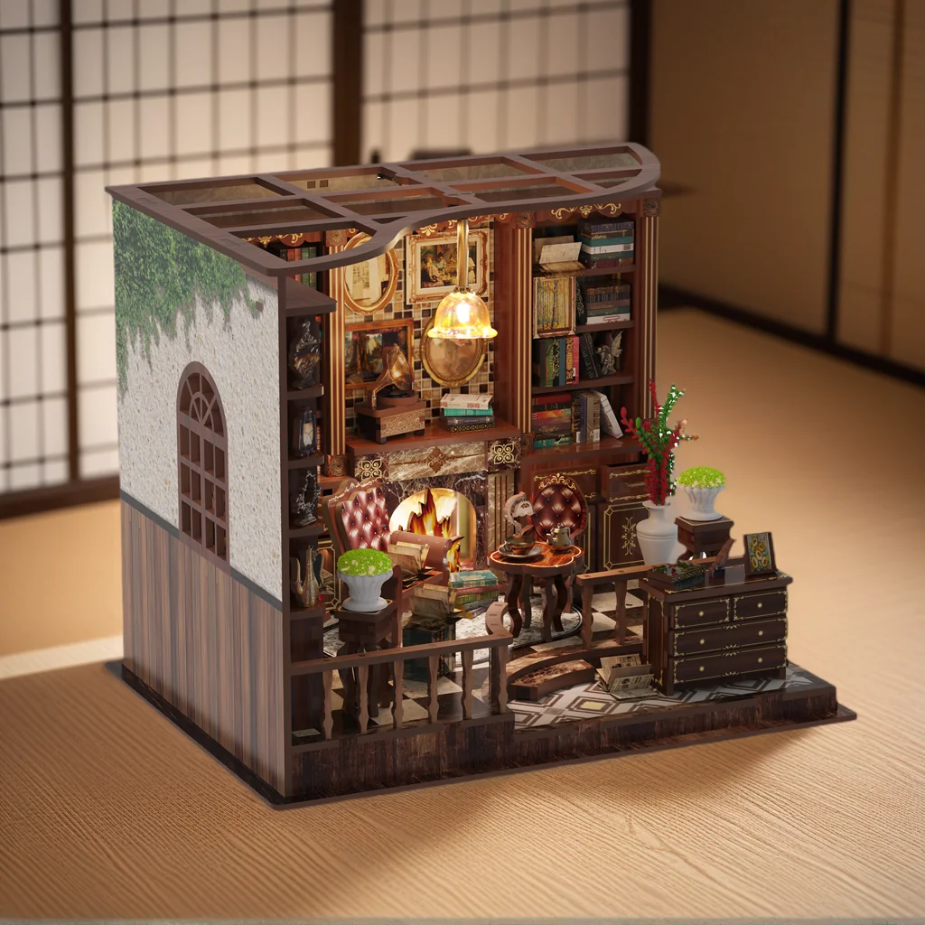 لتقوم بها بنفسك مجموعات بناء خشبية مصغرة ثلاثية الأبعاد البنك الأيسر غرفة الدراسة كوخ بيوت الدمى مع الأثاث كازا بيت الدمى لهدايا الأصدقاء #3