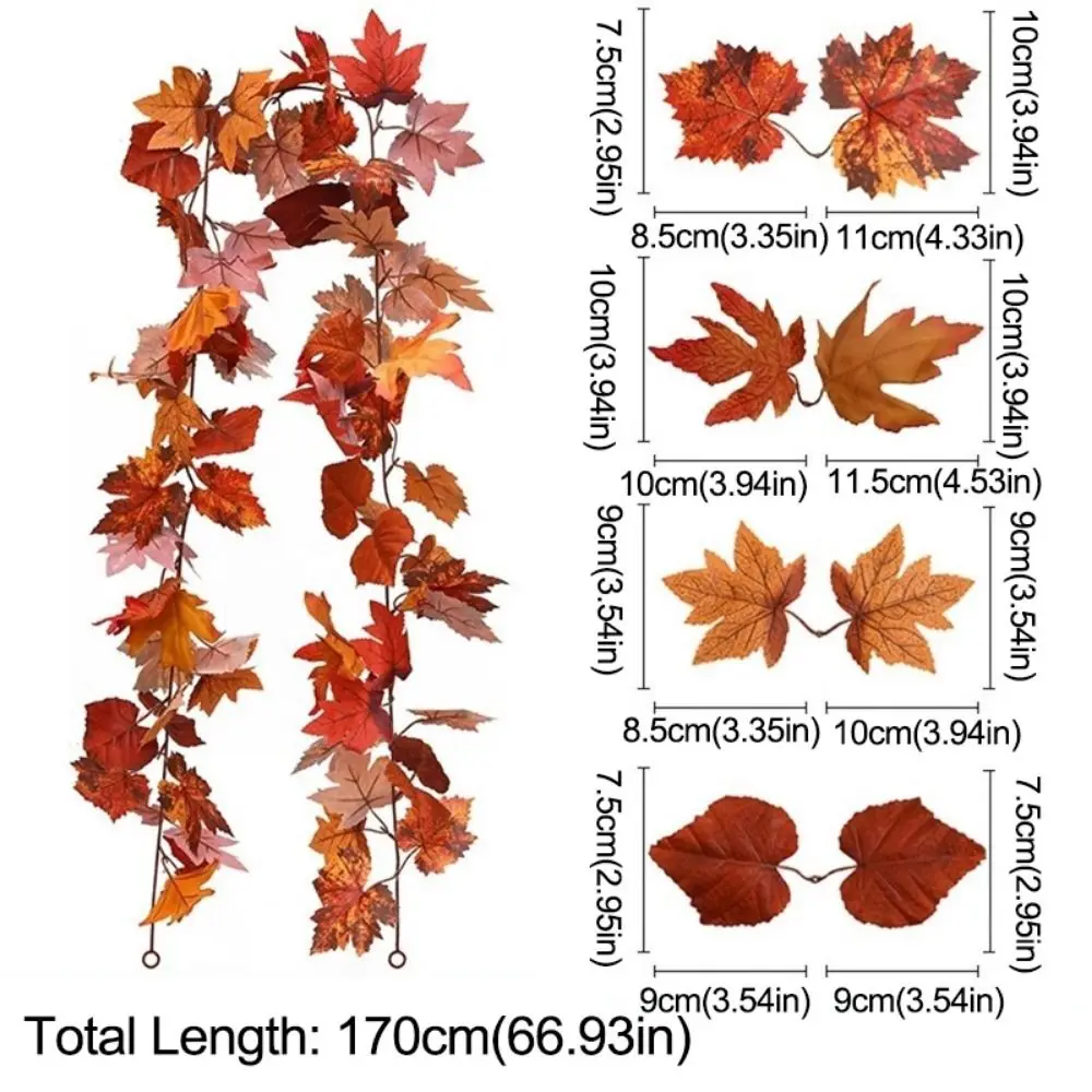 Creative Red Autumn Maple Leaves Realistic 1.7m Artificial Maple Garland Double Maple Leaf Lifelike Simulated Maple Leaves