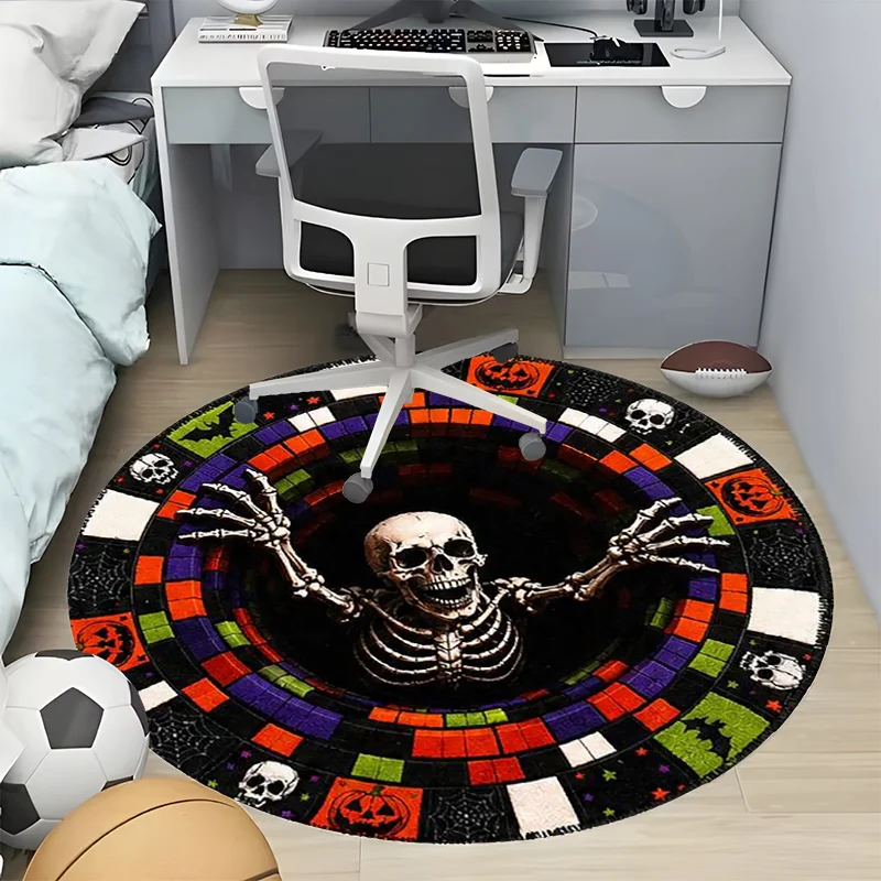 3D Illusion Round Rug,Halloween Skeleton Vortex Tunnel Print Mat,Spooky Holiday Pattern Carpet for Party Bedroom Home Decor Gift