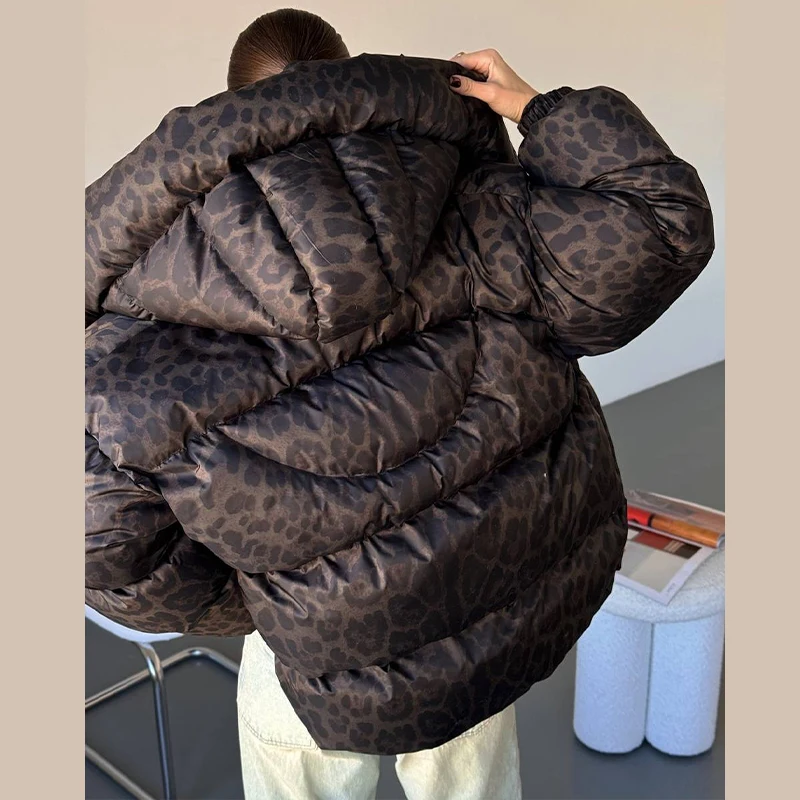 Women's Leopard Print Hooded Cotton Padded Jackets Stand Collar Zipper Short Puffy Coats 2026 Winter Lady Street Warm Outerwear