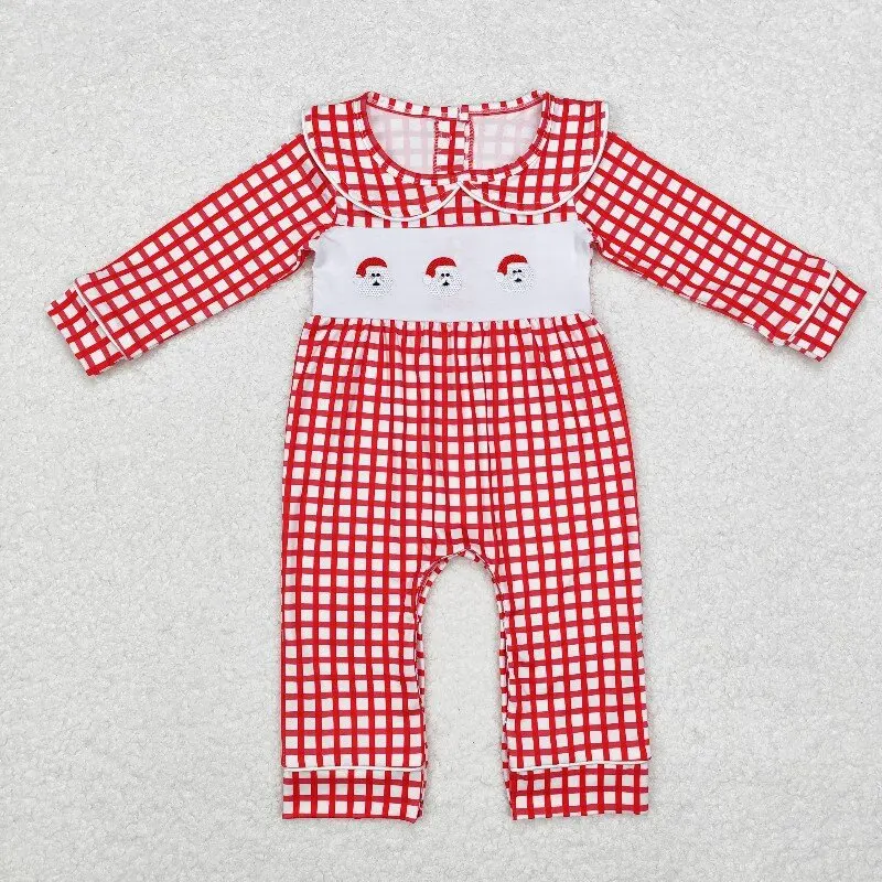 

8.19y Boys baby romper wholesale boutique embroidered Santa Claus red plaid baby collar long sleeve onesie