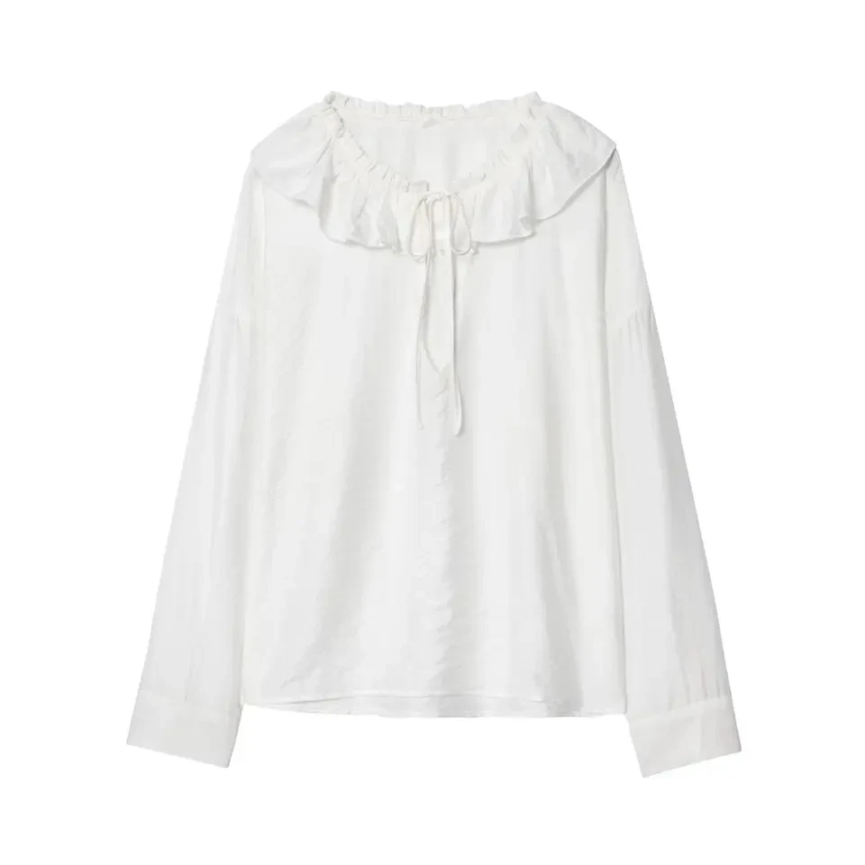 

2025 Summer New Women White Peter Pan Collar Long Sleeve Shirt Sweet Pleated Lace Trim Loose Versatile Top