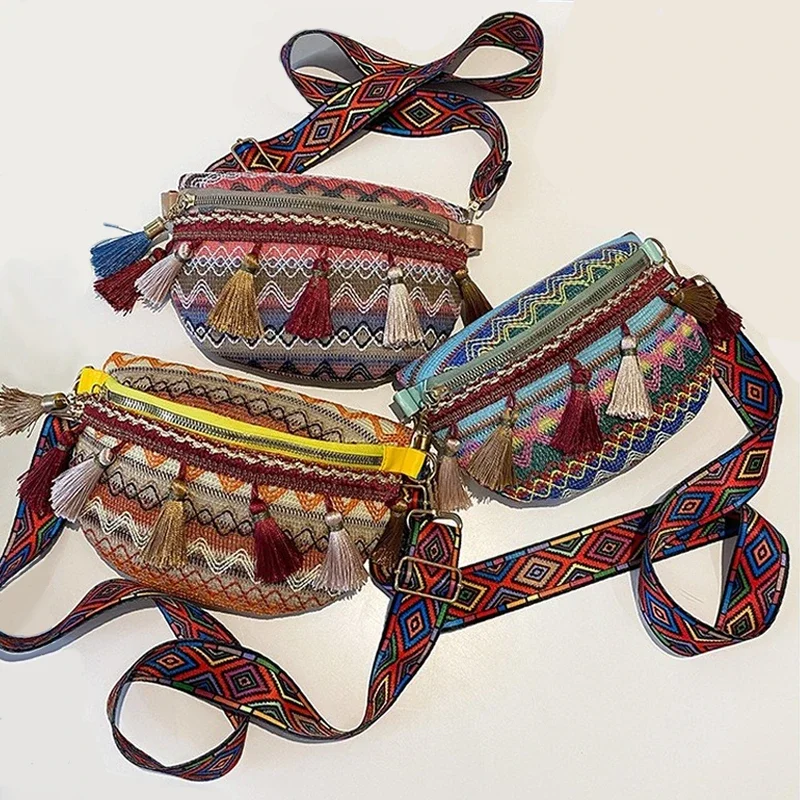 Women Folk Style Waist Bags with Adjustable Strap Variegated Color Fanny Pack with Fringe Decor Pochete Feminina Riñonera Belt