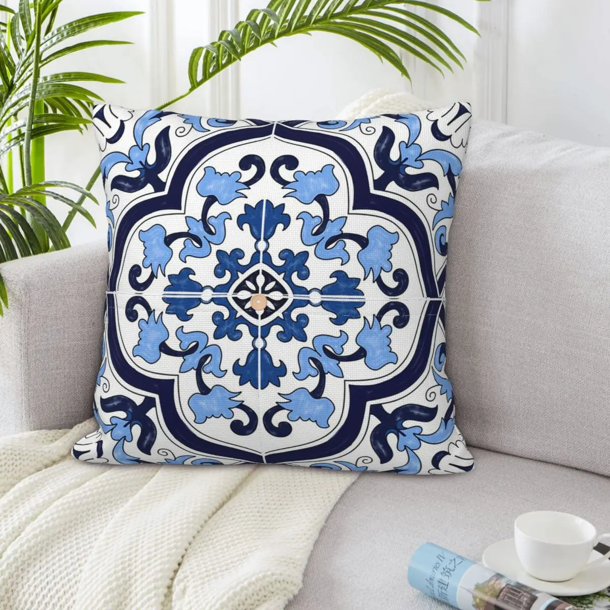 Blue Ornate Floral Mediterranean Sicilian Tile Cushion Cover Polyester Decorative Bedroom Home Comfort Throw Pillow