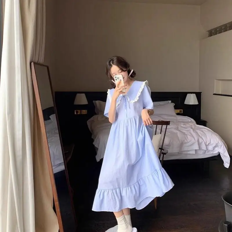 Women's Pajama Set Fashion Homewear Peter Pan Collar Short Sleeve Dress Cotton for Women Versatile Wear Striped French 2025