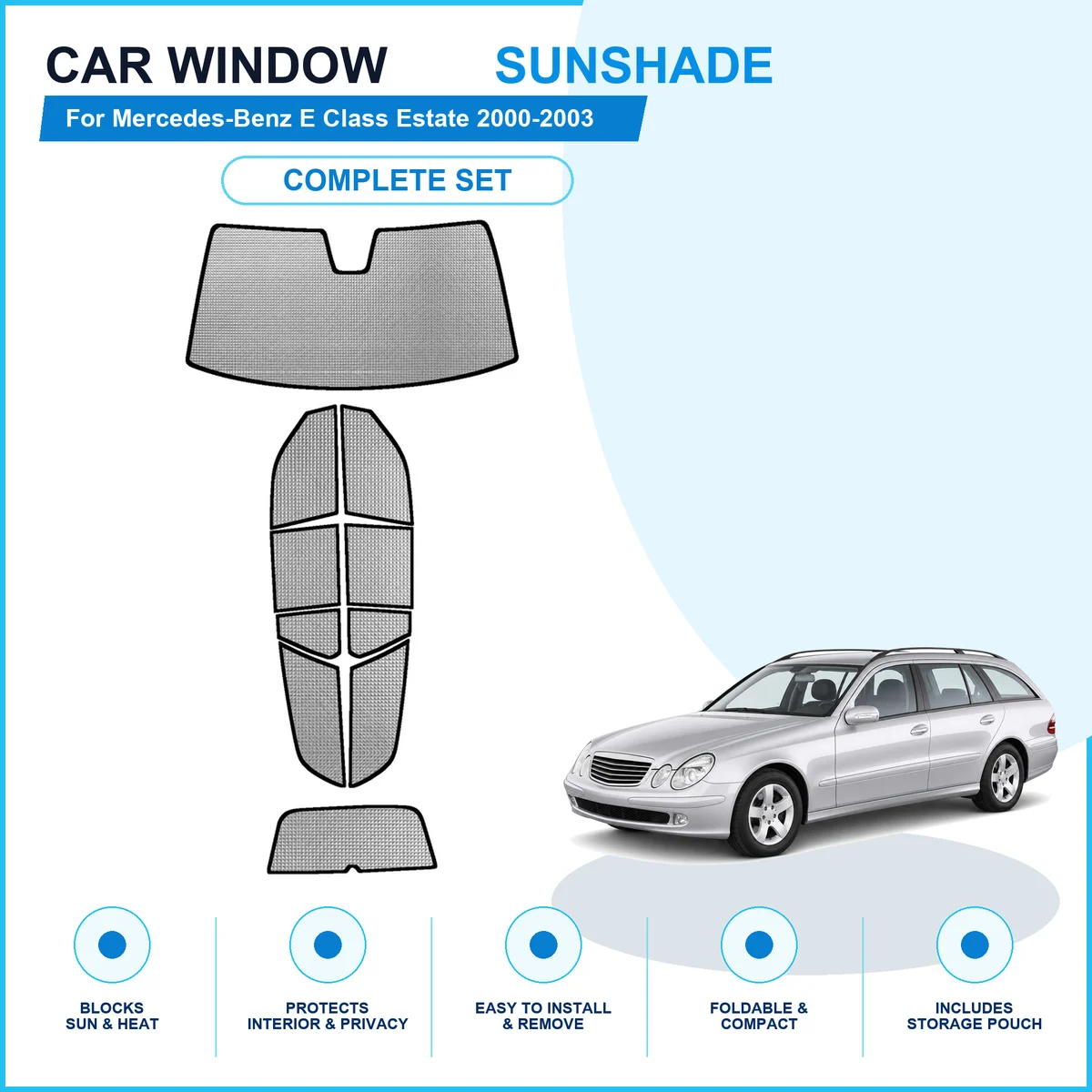 For Mercedes-Benz E Class Estate 2000-2003 Custom Full Set Window Sunshades Aluminum Foil Suction Cup Anti UV Privacy