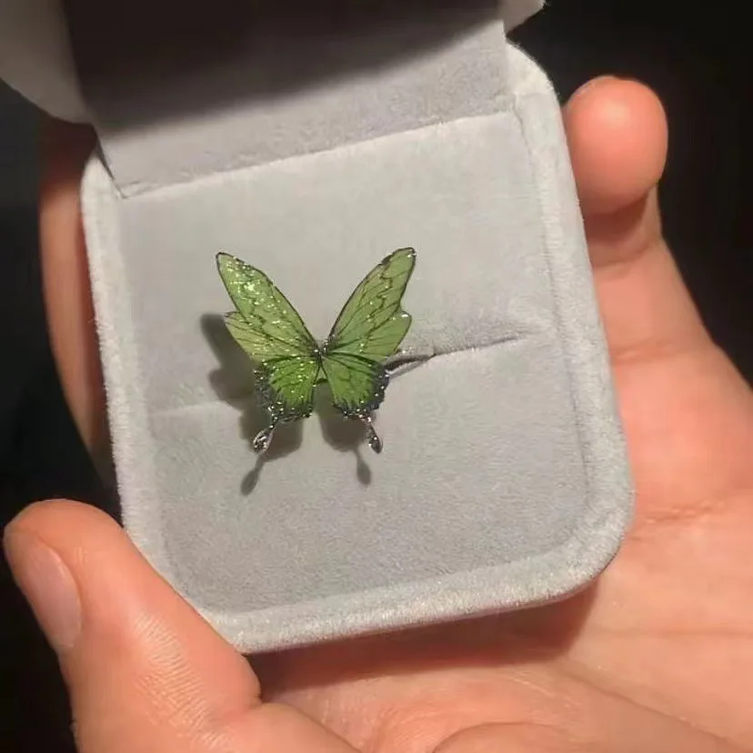 Light Green Butterfly Shiny Opening Adjustable Ring Niche Fresh And Versatile Ring 2024 New Model