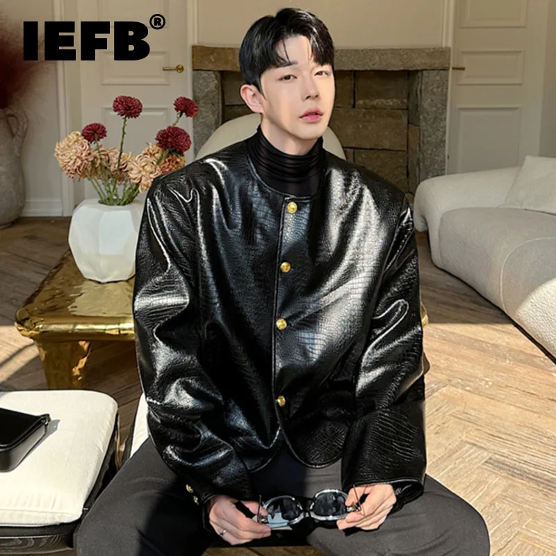 IEFB Korean Autumn Men\'s Jackets PU Leather Round Collar Alligator Print Single Breasted Loose Male Clothing New Trend 9C8458