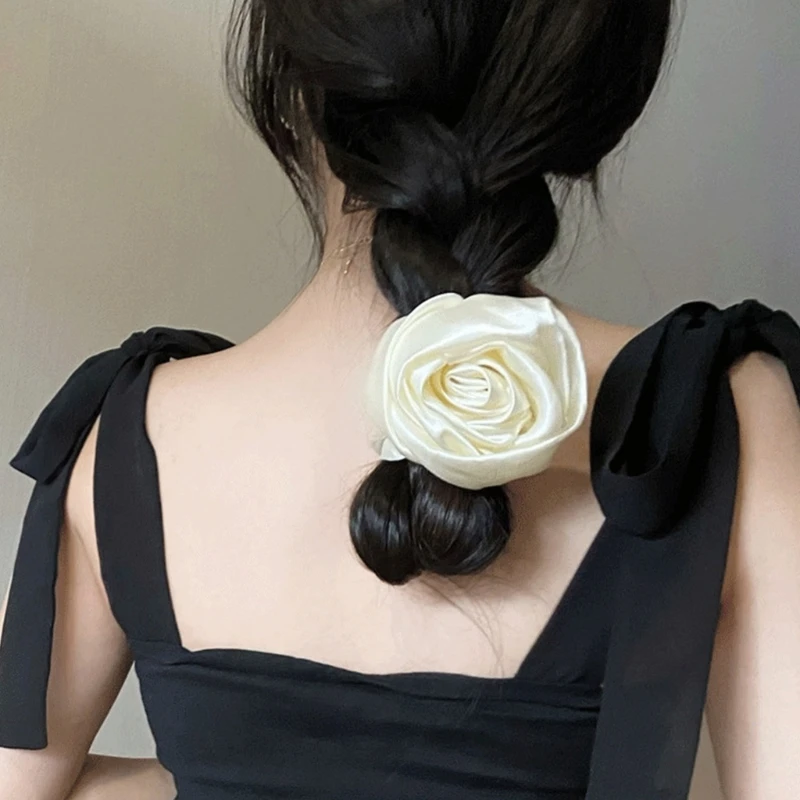 Large Intestine Hair Rings Scrunchies Big Flower Satin Hair Rope Hair Bands Decoration Elegant Elastic Ponytail Holders