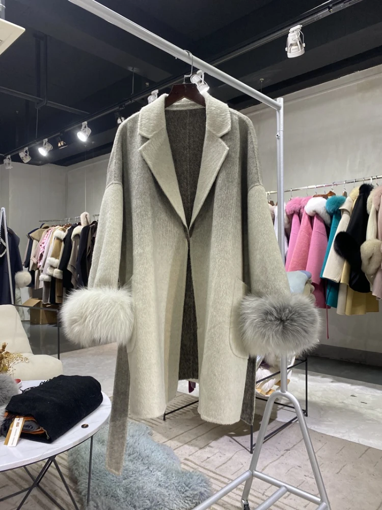 High-end Gradient New Double-sided Cashmere Wool Coat Women Medium Length Fashion Real Fur Lapel Lace-up Wool Coat Autumn Winter