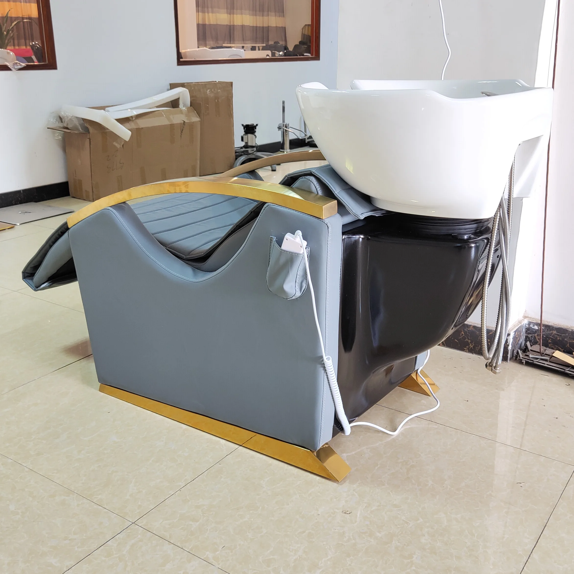 

Универсальное кресло для мытья парикмахерской, кровать, мебель для парикмахерской, черные стулья для шампуня с раковиной, электрическое массажное кресло для шампуня