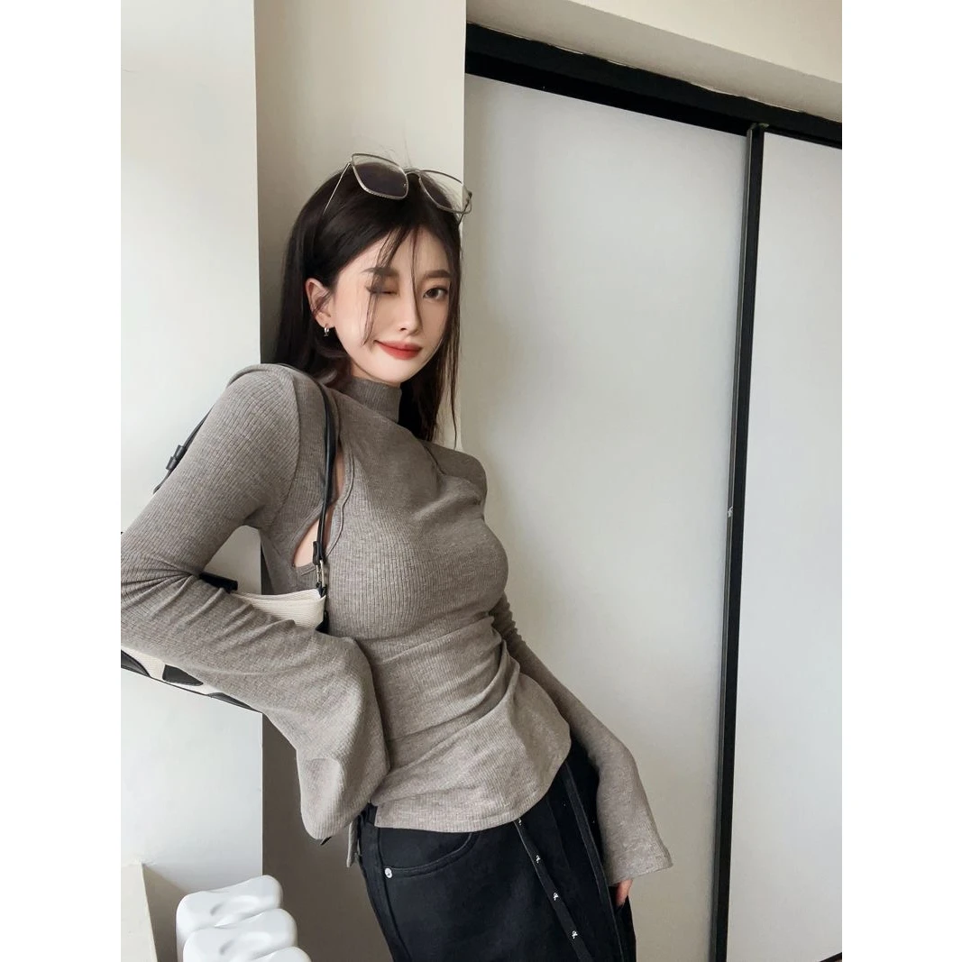 Fashionable Long Sleeve Hollow out Slim Fit T-Shirt Women's Spring Autumn Inner Wear Asymmetrical Pleated Waist in Short Top