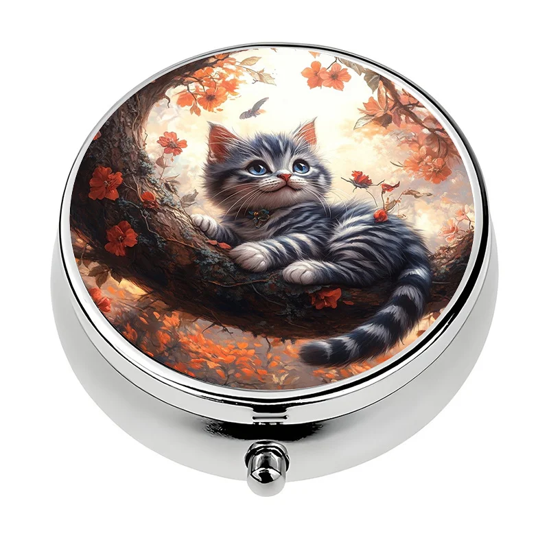 1 portable travel pill box with 3 compartments, autumn kitten theme, portable travel pill and vitamin storage box, pill box, suitable for putting in a handbag, perfect and unique gift