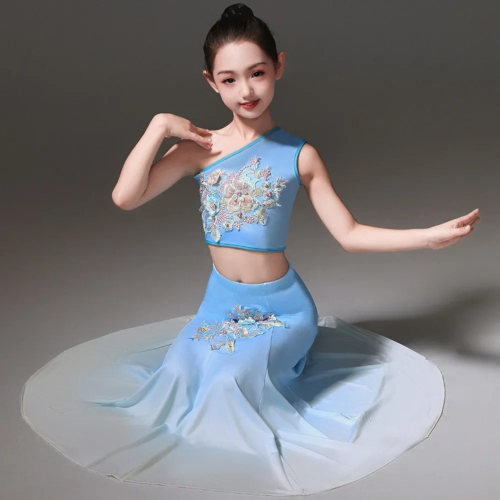 Children's Dai folk dance costumes Girls shoulder gradual change skirt Children's dance performance Solo dance repertoire costum