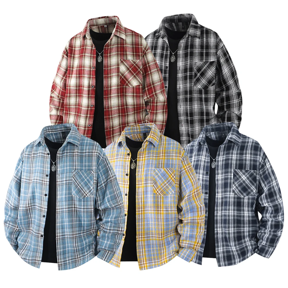 

Men's spring and autumn checked shirt jacket with collar and chest pocket fashion coat, multi-functional casual retro jacket