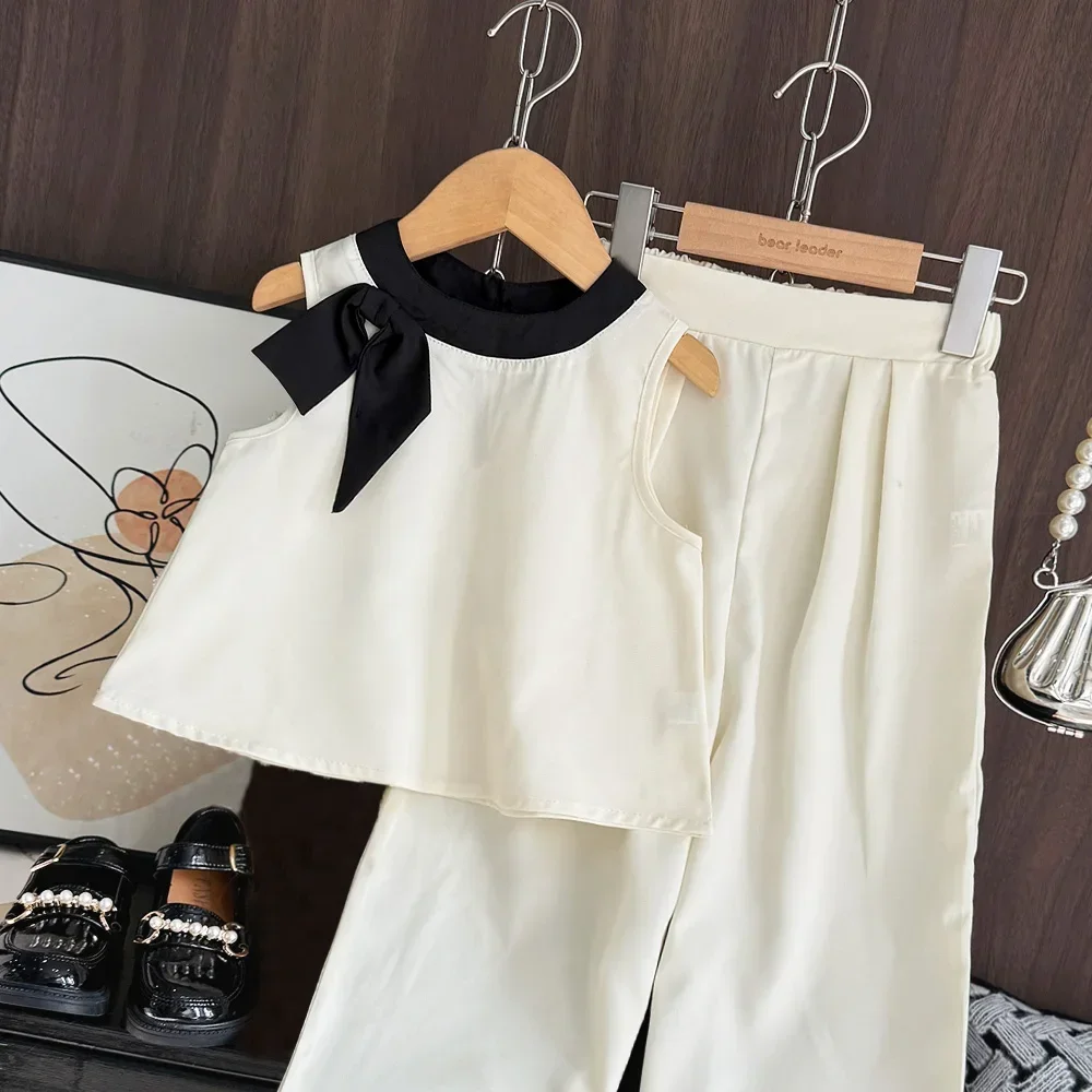 Bear Leader 2025 Summer Korean Version 3-7 Years Girls Suit 3D Bow Sleeveless Top+wide Legs Pants 2-Pcs Set  New Kids Clothing image 6