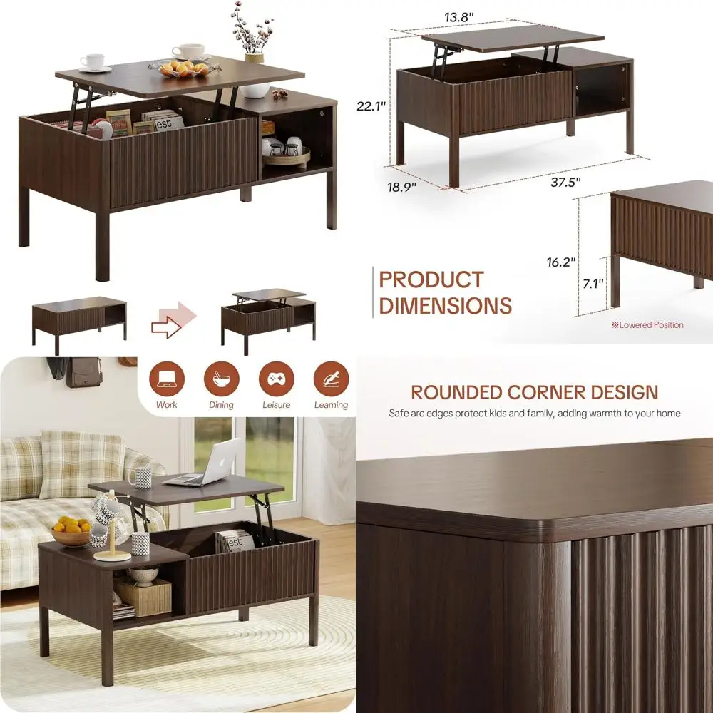 

Rectangular Modern Coffee Table with Fluted Lift Top, Hidden Storage, Smooth Lift, Large Capacity, Safe Rounded Edges, Easy Clea