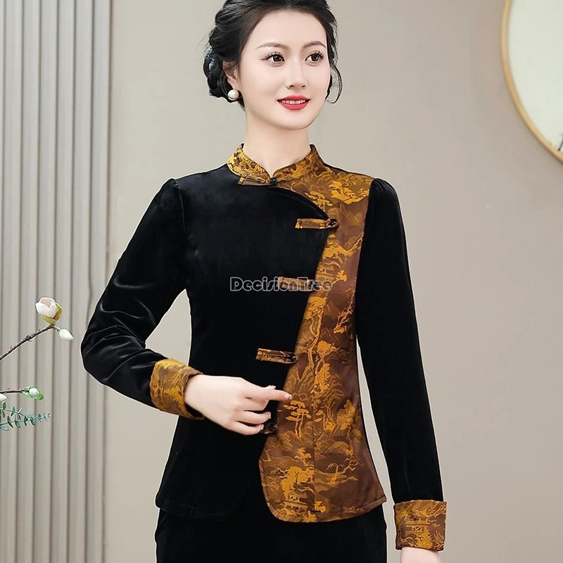 2024 fashion design sense patchwork tang suit top chinese style retro temperament lady blouse autumn long sleeves slim daily top