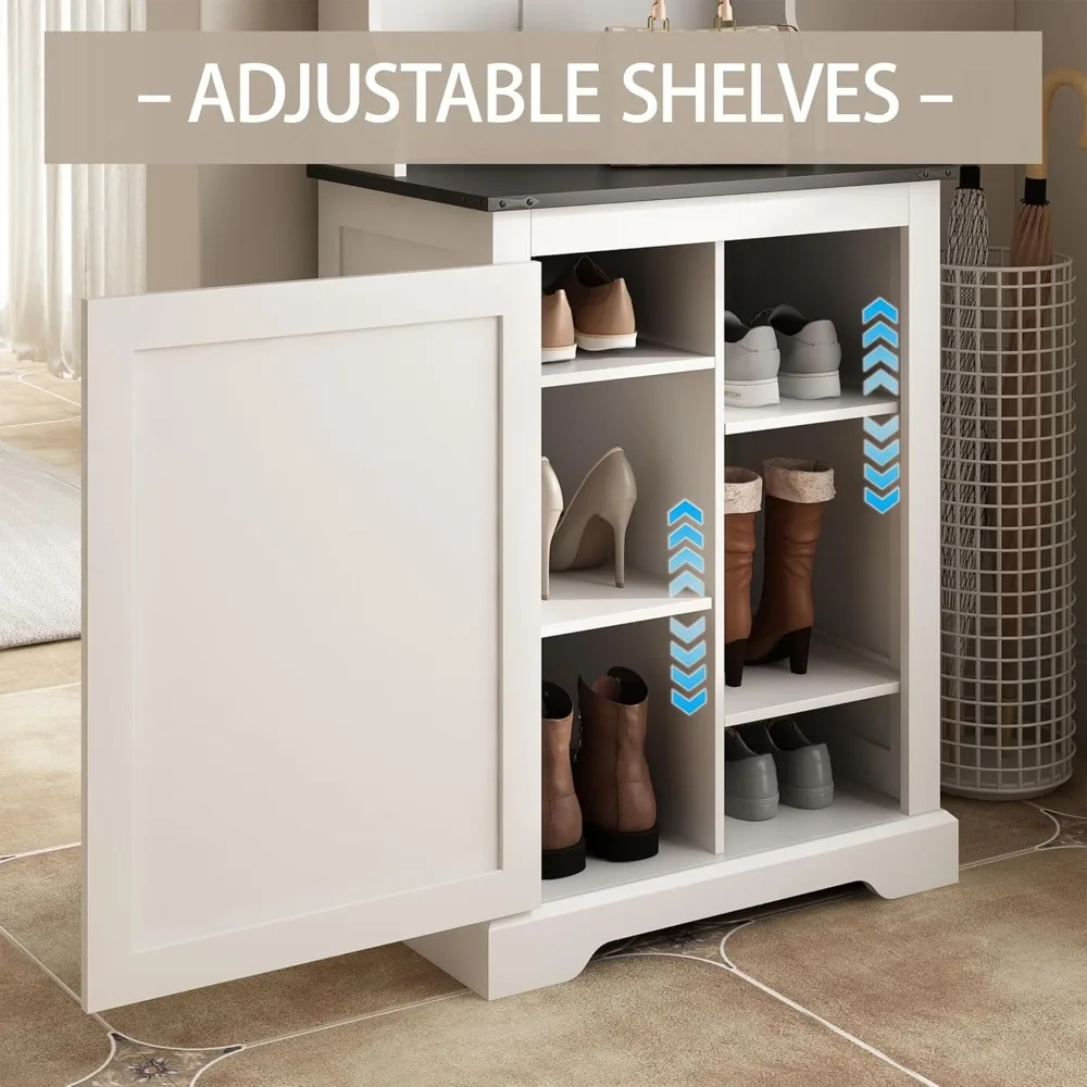 Farmhouse Narrow Coat Rack with Shoe Storage, 6 Shoe Cubbies & 4 Coat Hooks, Hall Tree with Shoe Storage Bench,