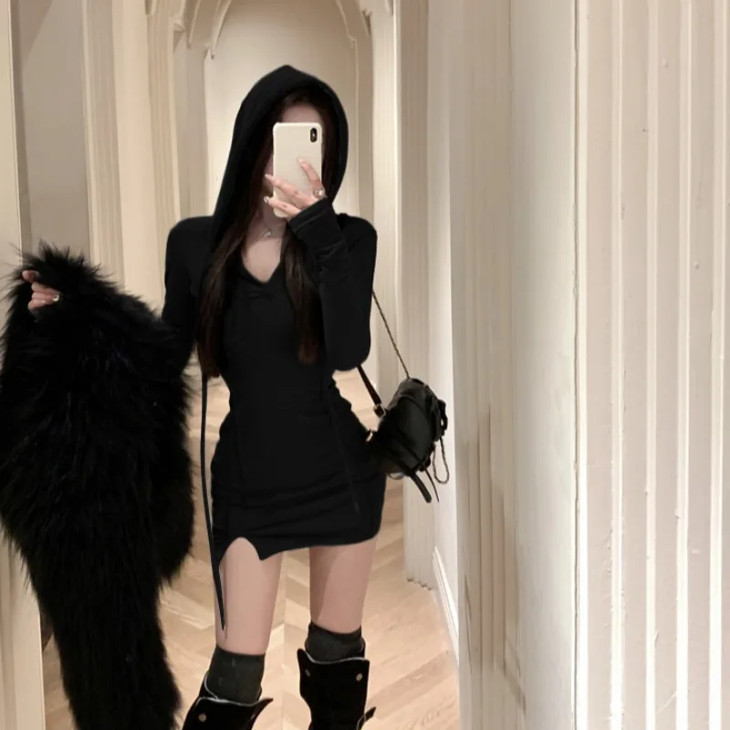

Bla Hooded Long Sve Waist Cinched Dr Hot Girl Узкая облегающая юбка с высокой талией Трикотажная ткань Осень Зима Новый Sle W...