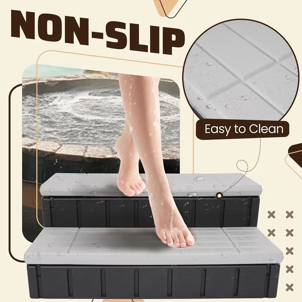 Outdoor Spa Hot Tub Ladder with Storage, 2-Step, 36 Gray/Black, Supports 350lbs