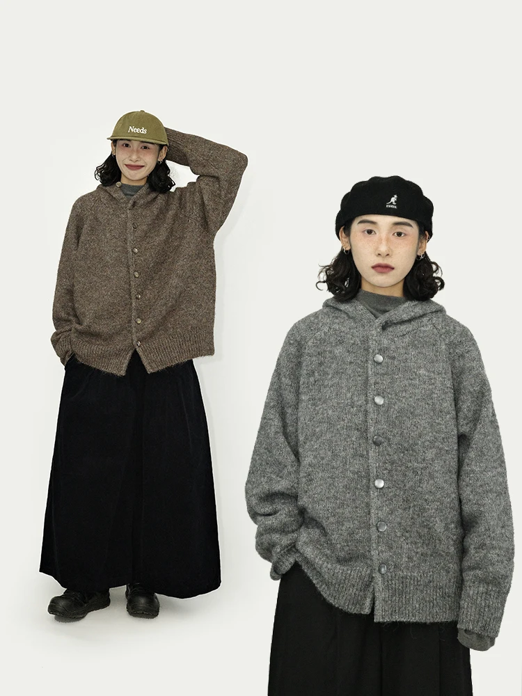 

Guluwoo Autumn Winter Retro Brown Knitted Sweater Wool Blend Hooded Warm Cardigan Soft Loose Fit Citywalk Street Style Office...