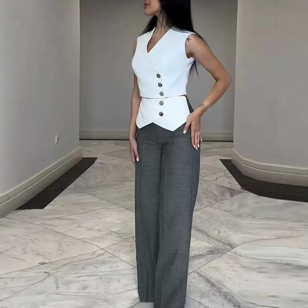 

Two Piece Set Pant Sets Sleeveless Vest Women Button Vests Elegant Streetwear Straight Pants Midi Waist Casual Office Lady