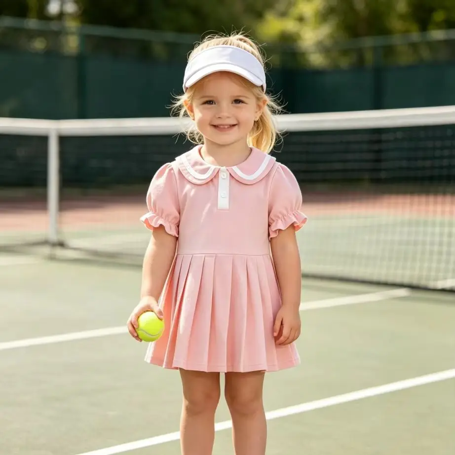 Kids Summer Tennis Dress Baby Girls Solid Peter Pan Collar Short Sleeve Pleated Sports Dress Korean Daily Wear 6 Months-4 Years