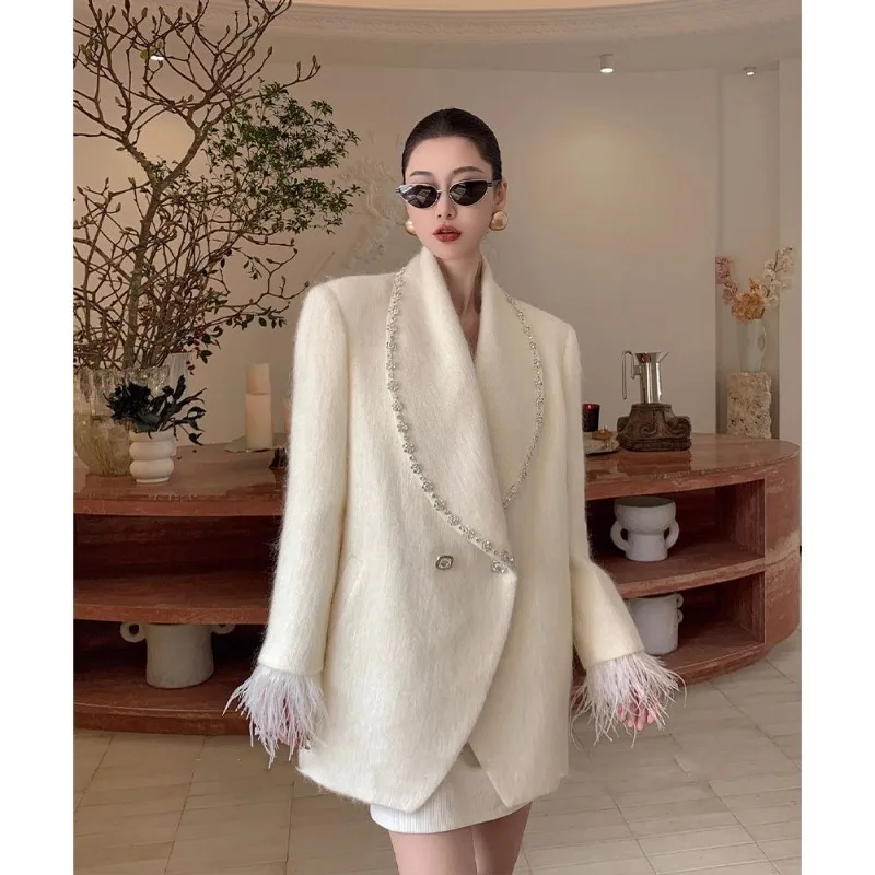 

French Elegant Woolen Coat Diamond Suit Jacket Women Blazer Spring Lapel Loose Tassel Design Casual Outerwear Top Female Clothes