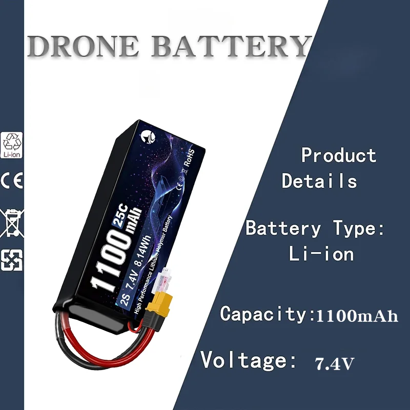 

2S 7.4V 1100mAh 25C High Discharge Lipo Battery for FPV Freestyle Drone/Crossing Model Aircraft/RC Toy Drone Replacement Battery