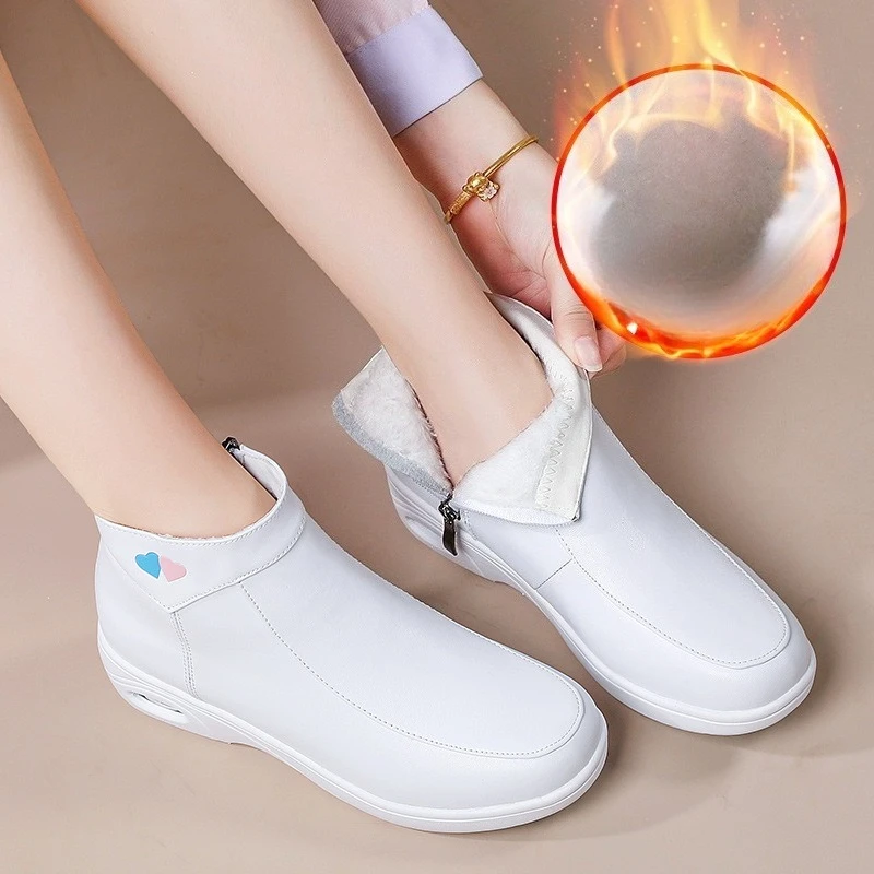 حذاء رضاعة عالي الجودة للنساء مصنوع من الجلد الطبيعي مع القطن مضاف للدفء في الشتاء، قمة عالية وخفيفة الوزن