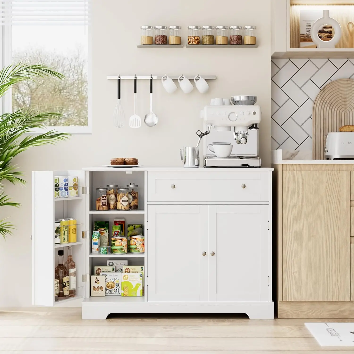 Aparador Buffet Cabinet with Doors, Armazenamento de madeira, Armário de cozinha moderno com gaveta, Coffee Bar