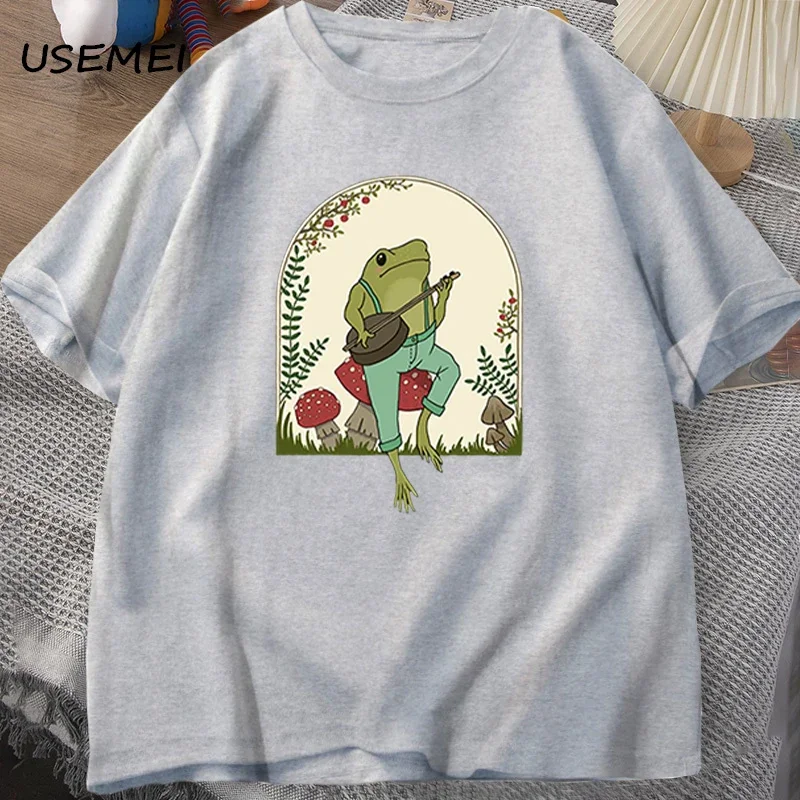 Cute Cottagecore T-shirts Aesthetic Frog Playing Banjo on Mushroom T Shirt Men Summer Cotton Short Sleeve Tee Shirt Mens Clothes